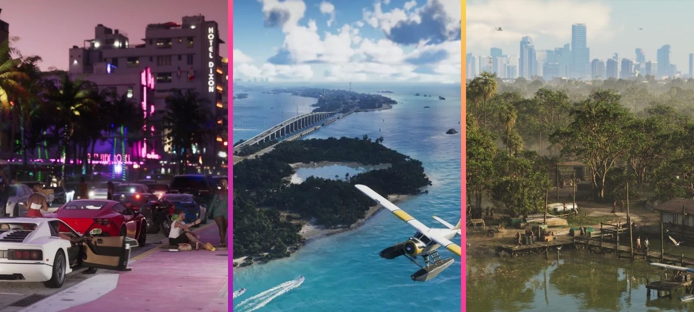 A collage of Vice City, the Leonida Keys and rural Leonida